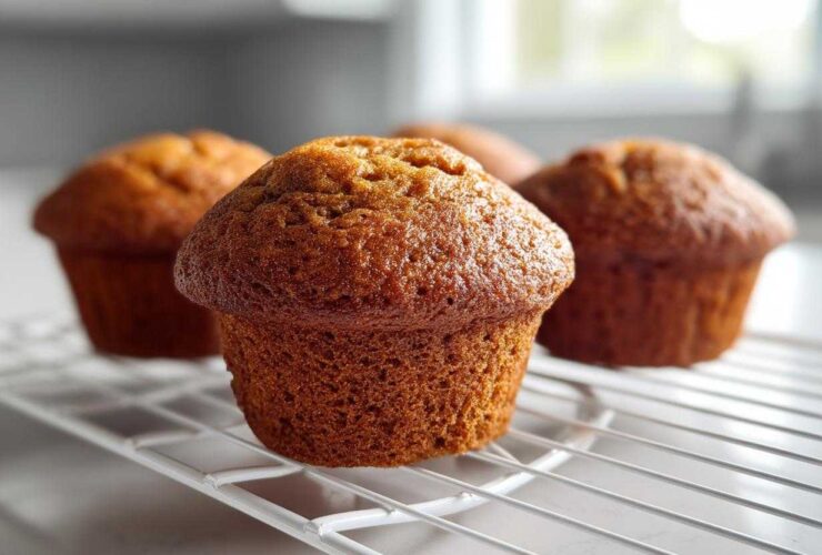 Close-up of golden brown applesauce muffins cooling on a white wire rack indoors.