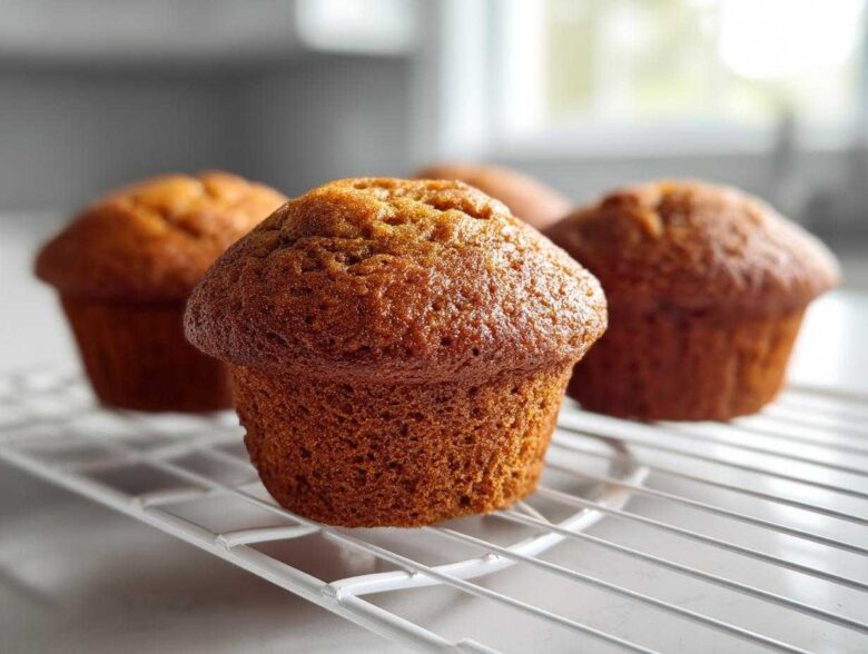 Close-up of golden brown applesauce muffins cooling on a white wire rack indoors.