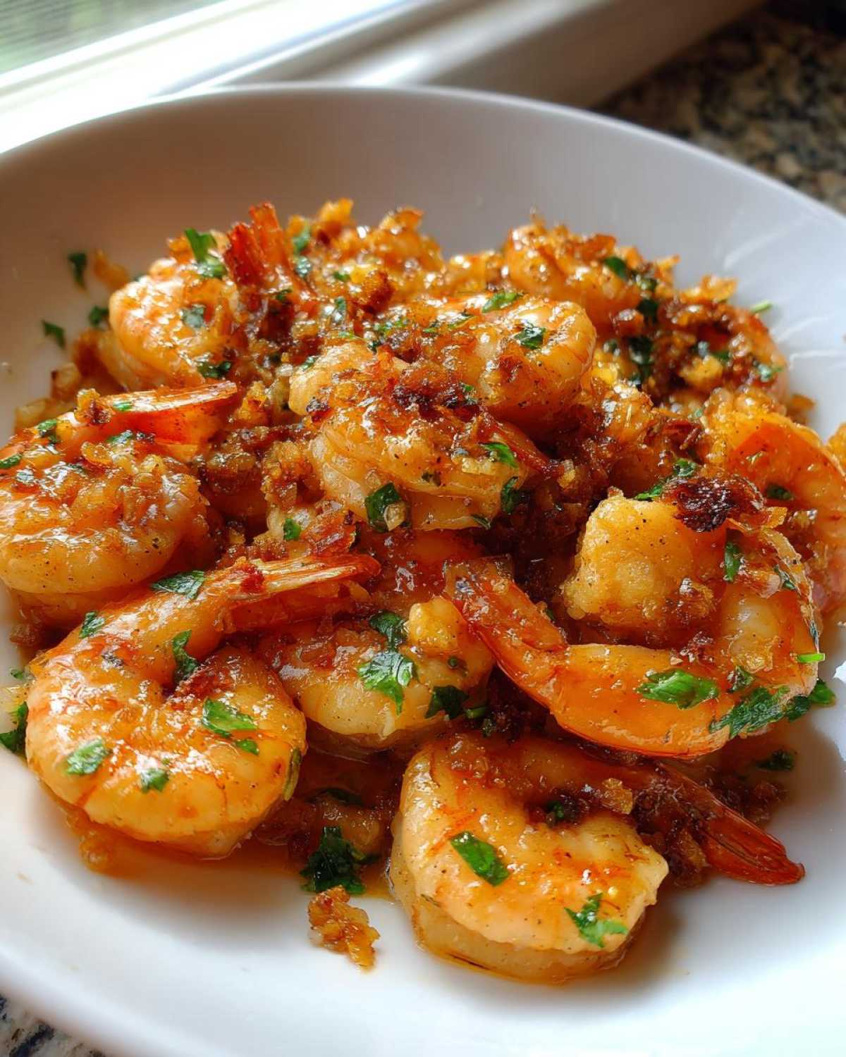 Close-up of succulent Fried Garlic Butter Shrimp coated in golden garlic bits and fresh parsley in a white bowl.