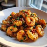 Close-up of golden Fried Garlic Butter Shrimp coated in sauce and topped with fresh parsley.