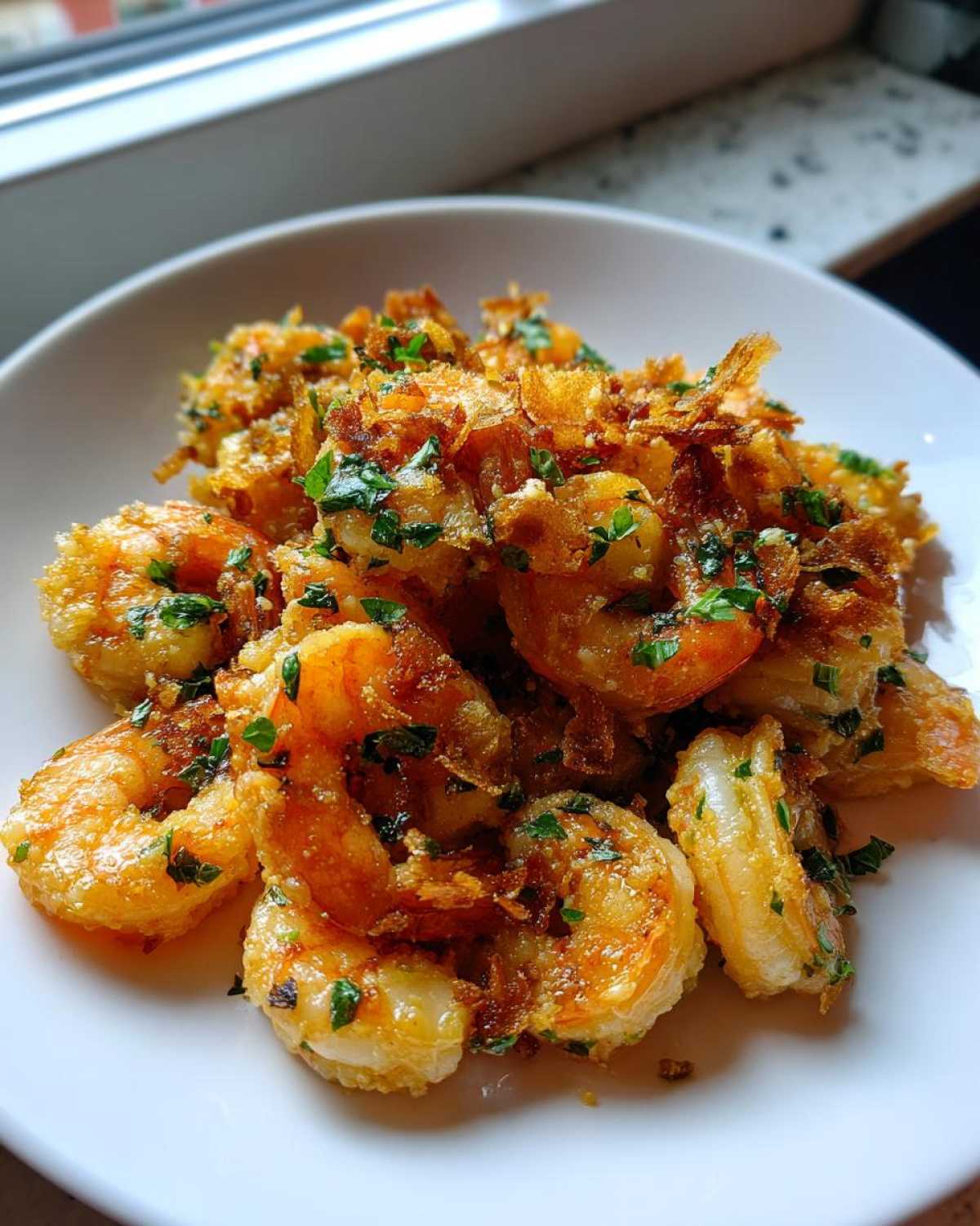 A white bowl filled with golden Fried Garlic Butter Shrimp, garnished with crispy fried garlic and fresh parsley.
