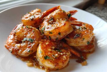 Close-up of succulent Fried Garlic Butter Shrimp coated in a rich, glossy sauce with visible minced garlic and parsley.
