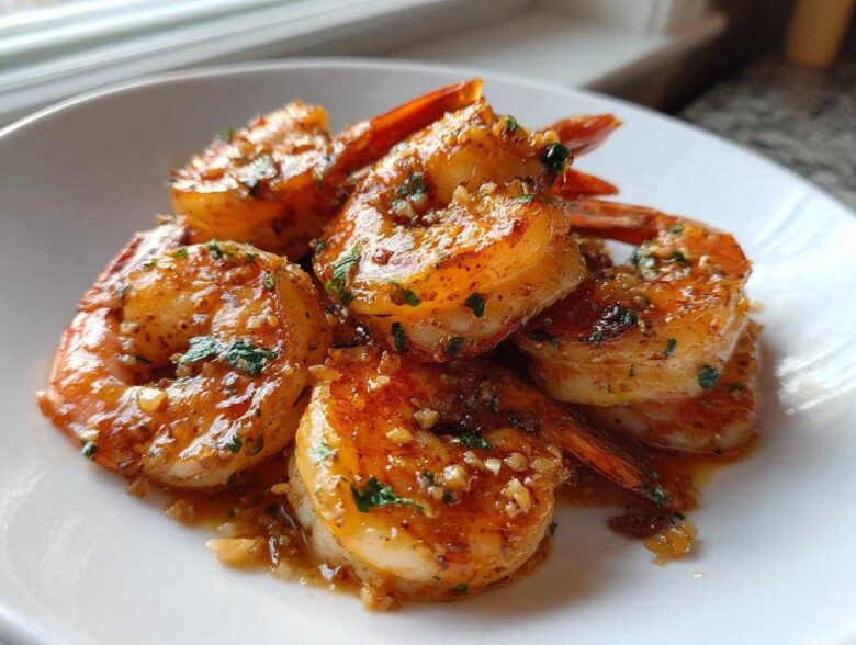 Close-up of succulent Fried Garlic Butter Shrimp coated in a rich, glossy sauce with visible minced garlic and parsley.