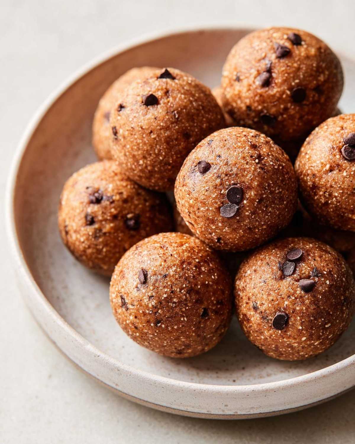 Close-up of several round Frozen Peanut Butter Greek Yogurt Bites studded with mini chocolate chips in a light bowl.