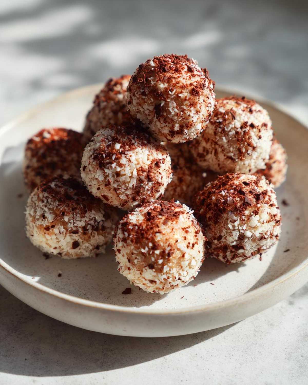 A stack of Frozen Peanut Butter Greek Yogurt Bites coated in shredded coconut and chocolate shavings.