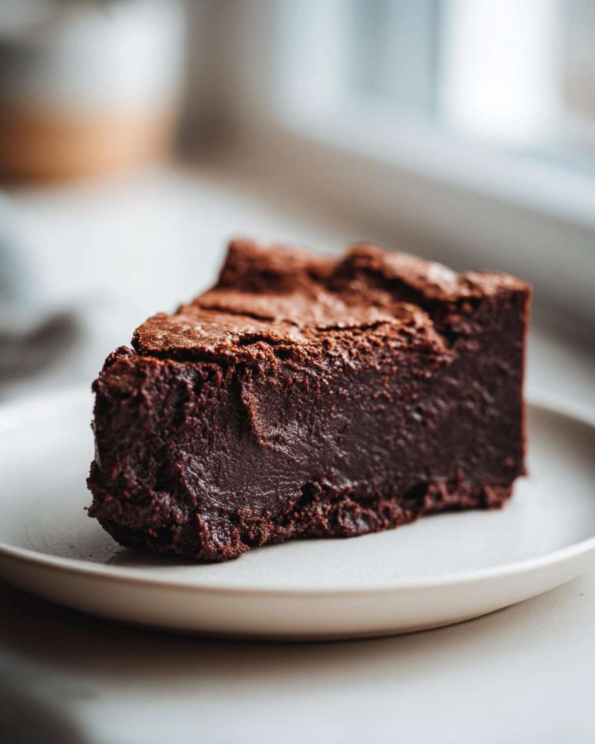 A close-up of a dense, fudgy slice of flourless chocolate cake resting on a light-colored plate.