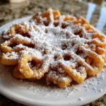 Close-up of a golden brown funnel cake recipe creation heavily dusted with powdered sugar on a white plate.