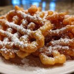 Close-up of golden brown, freshly fried funnel cake recipe piled high and dusted generously with powdered sugar.