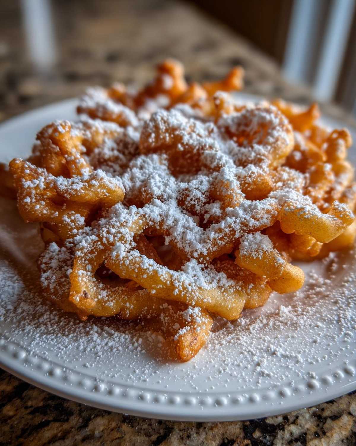 Close-up of a golden brown funnel cake recipe piled high and generously dusted with powdered sugar on a white plate.