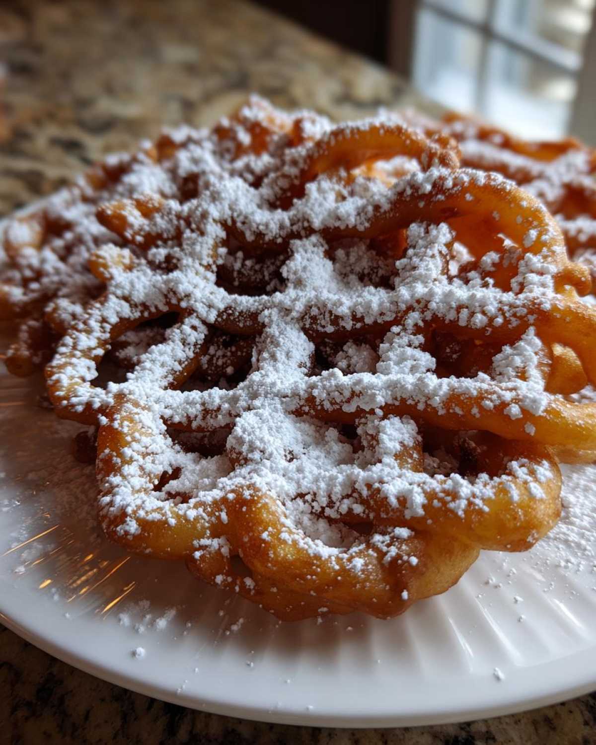 Close-up of a golden brown funnel cake recipe creation generously dusted with powdered sugar on a white plate.