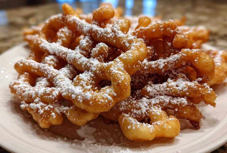 Close-up of golden brown, freshly fried funnel cake recipe piled high and dusted generously with powdered sugar.