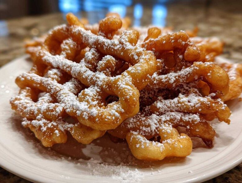 Close-up of golden brown, freshly fried funnel cake recipe piled high and dusted generously with powdered sugar.