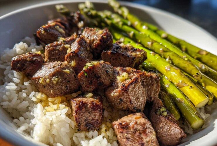 Close-up of a Garlic Butter Steak Bowl Weeknight Dinner featuring steak bites over white rice with bright green asparagus.