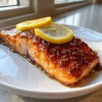 Close-up of a perfectly cooked baked salmon recipe fillet with a thick, shiny glaze and two lemon slices on top.
