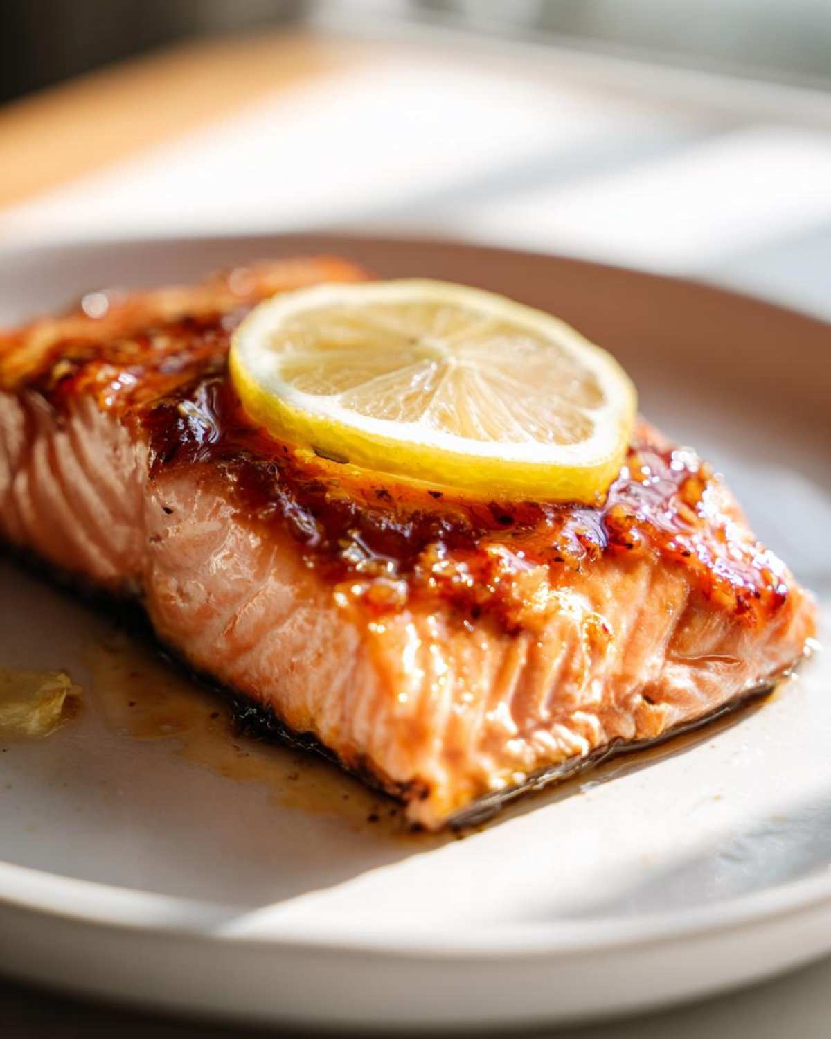 Close-up of a moist, glazed piece of baked salmon recipe topped with a fresh lemon slice.