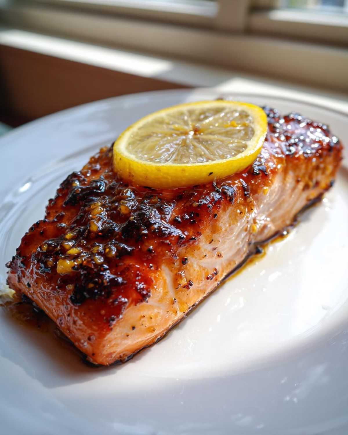Close-up of a perfectly cooked, glazed baked salmon recipe fillet topped with a bright lemon slice on a white plate.