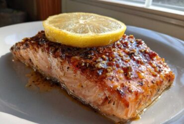 A perfectly cooked piece of baked salmon recipe fillet, glazed with a shiny sauce and topped with a lemon slice.