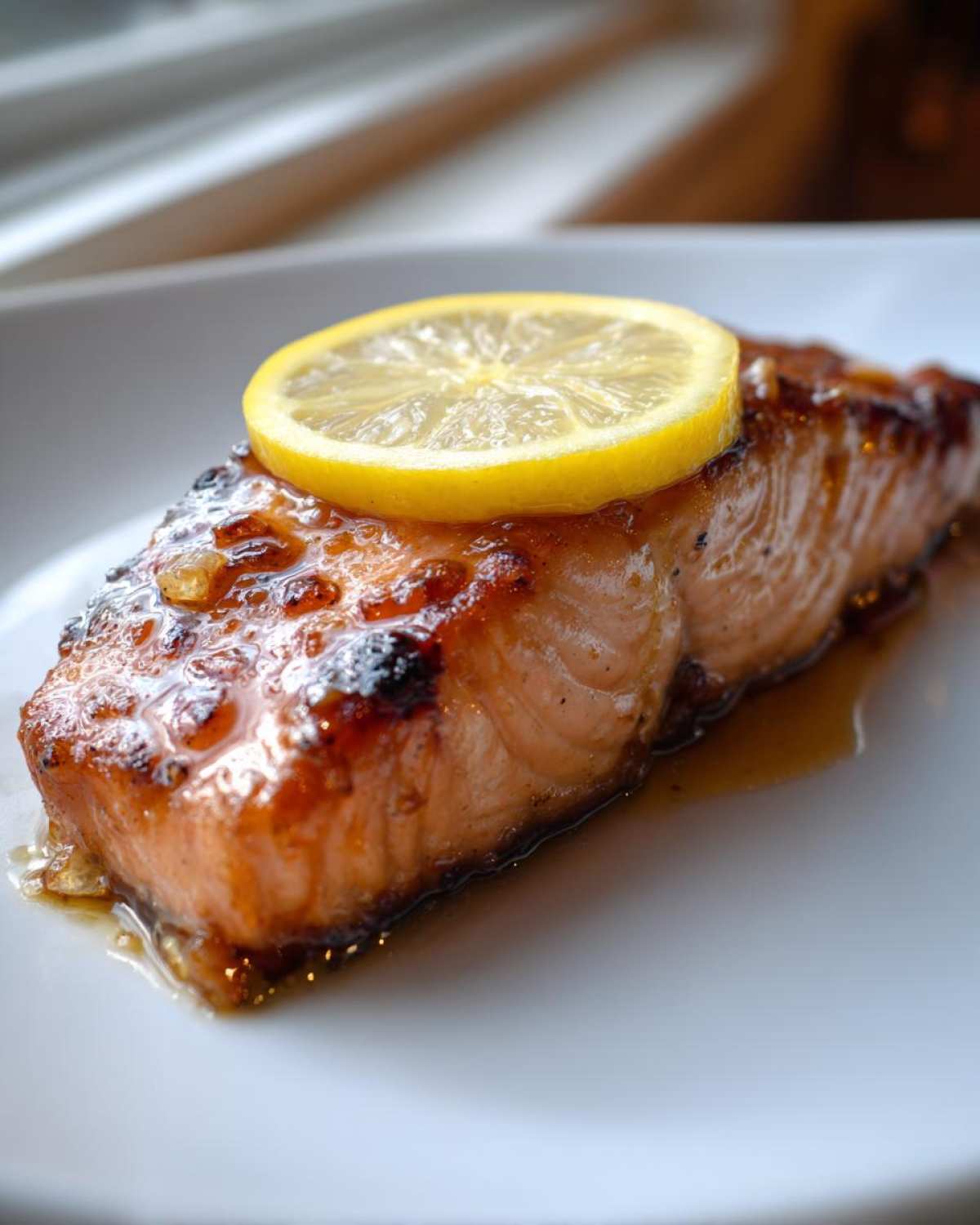 Close-up of a perfectly cooked baked salmon recipe fillet with a shiny glaze and a fresh lemon slice on top.