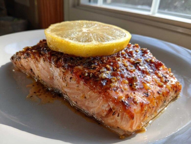 A perfectly cooked piece of baked salmon recipe fillet, glazed with a shiny sauce and topped with a lemon slice.