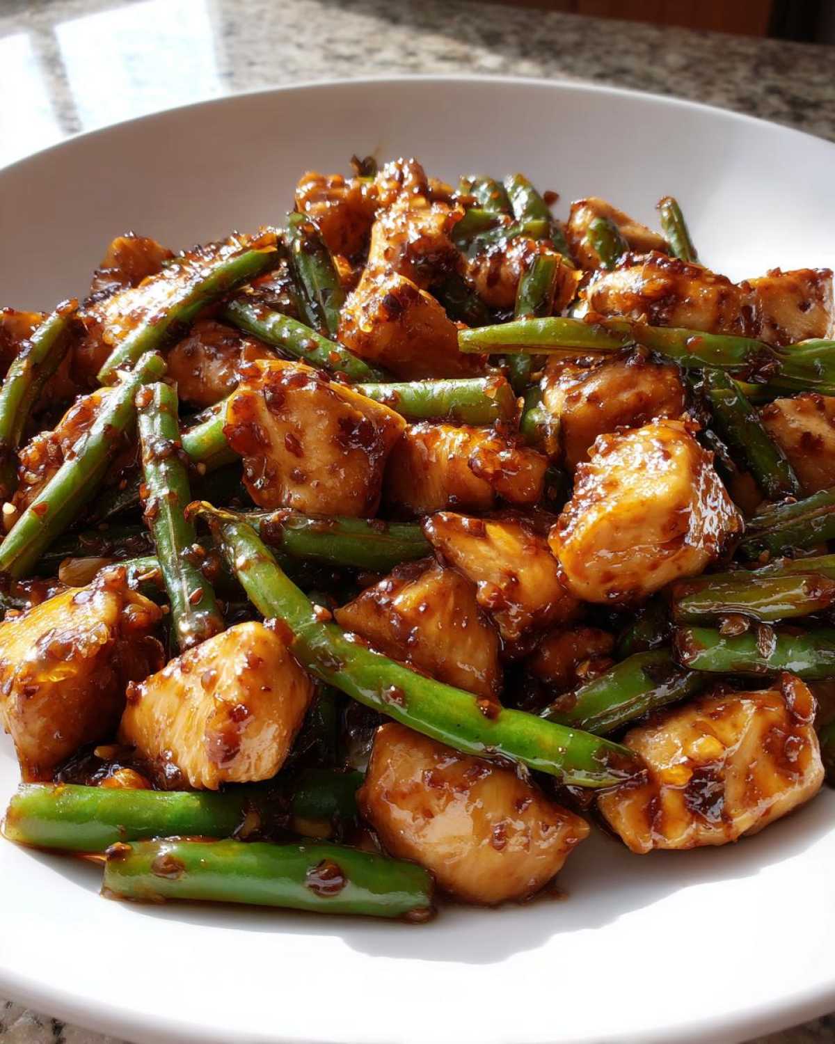 Close-up of glossy, saucy chicken and green beans mixture served in a white bowl.