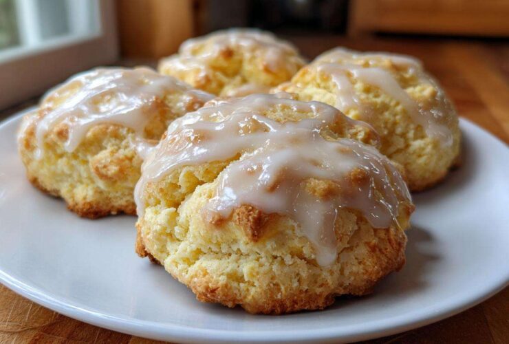 Four freshly baked Italian ricotta cookies topped with a thick, glossy glaze, sitting on a white plate.
