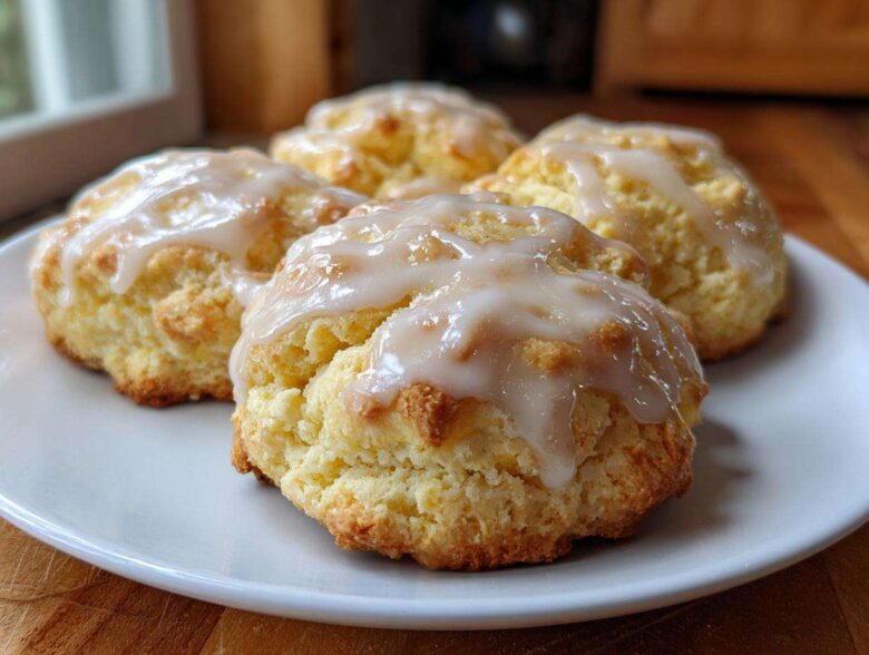 Four freshly baked Italian ricotta cookies topped with a thick, glossy glaze, sitting on a white plate.