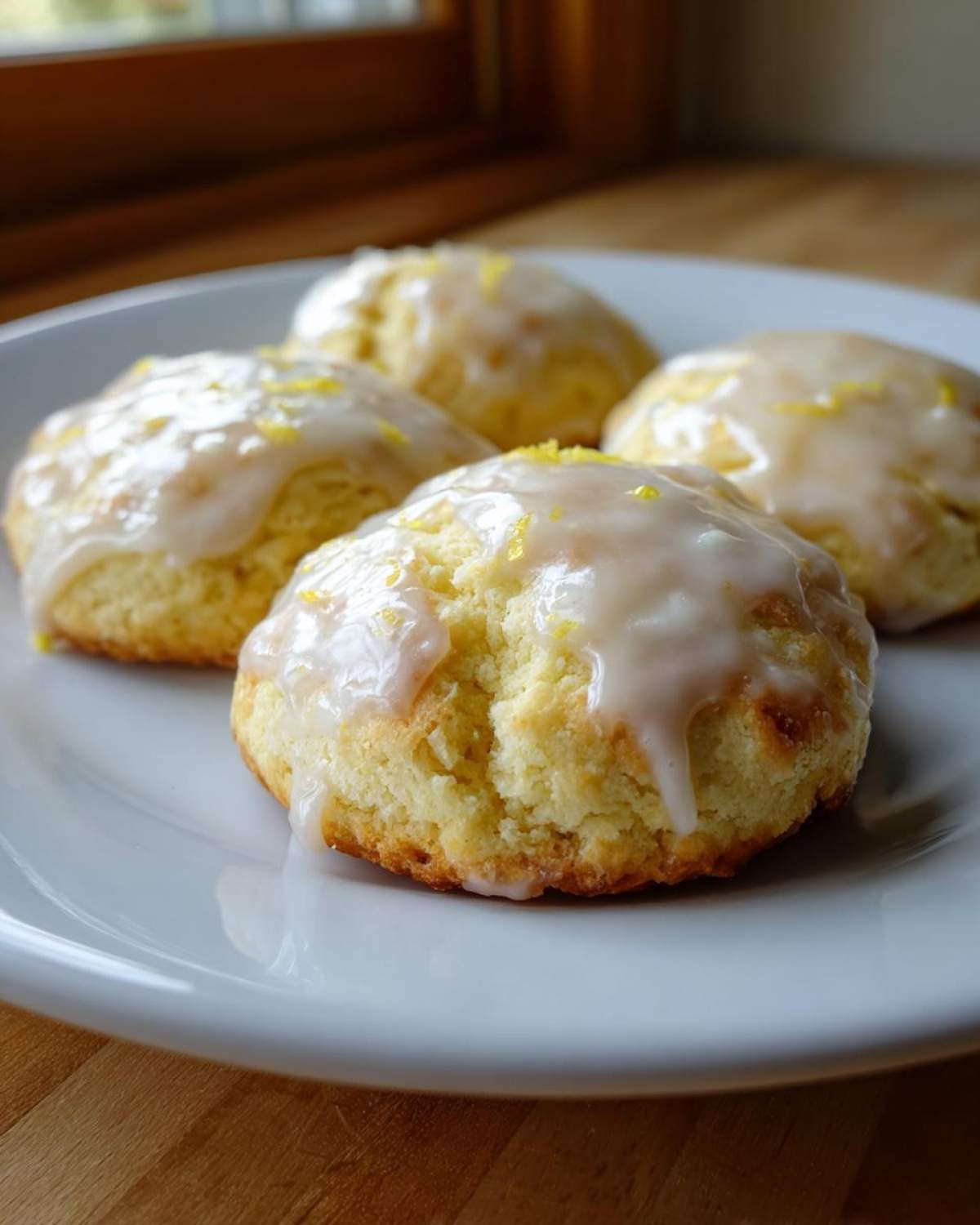 Close-up of four soft, round Italian ricotta cookies topped with a thick lemon glaze and bright yellow zest.