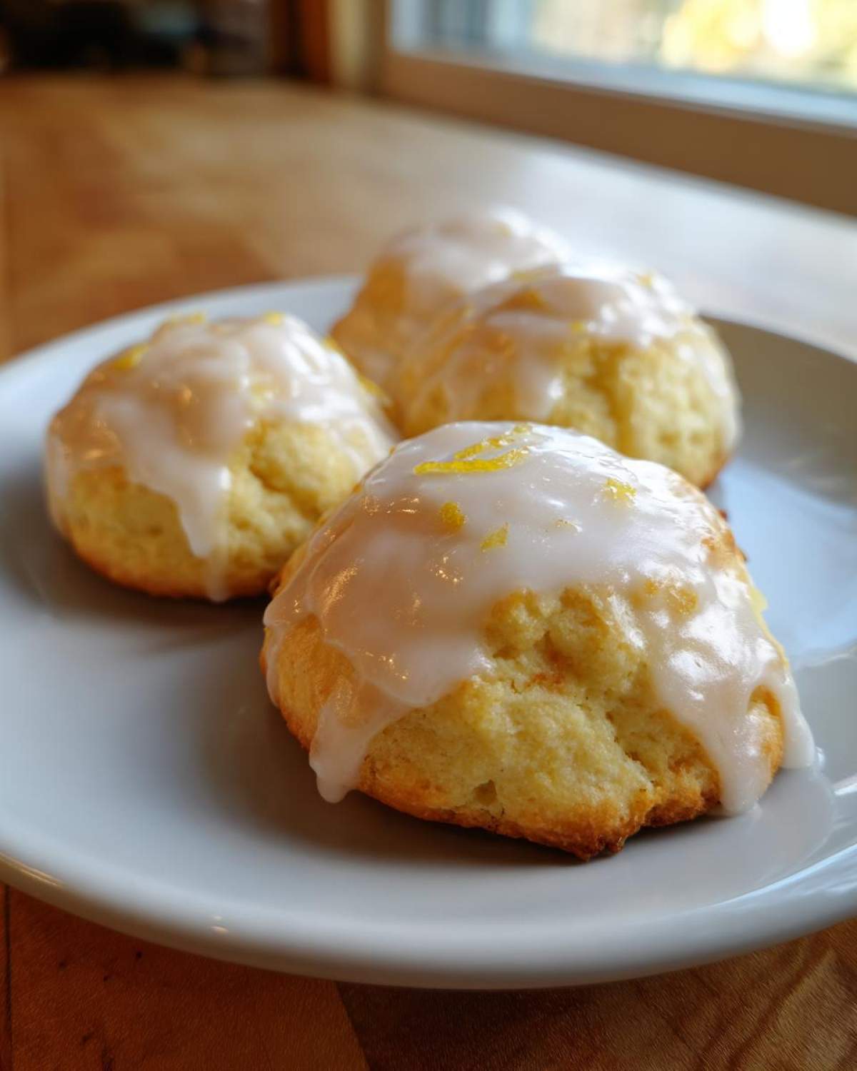 Close-up of three soft, glazed Italian ricotta cookies topped with lemon zest on a light blue plate.