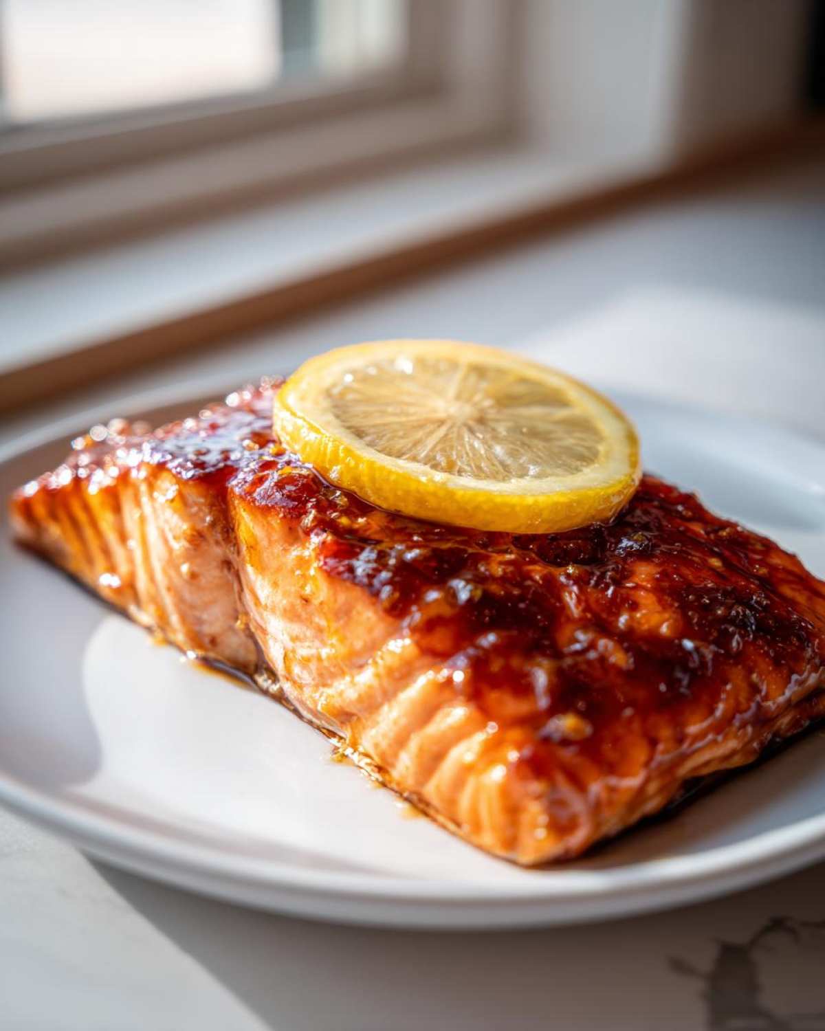 A close-up of a perfectly cooked, glazed salmon fillet topped with a bright lemon slice, ready for this baked salmon recipe.