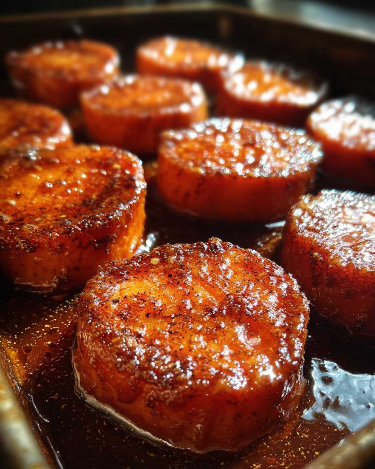 Close-up shot of thick-cut, round southern candied yams glistening with a rich, dark brown glaze and sprinkled with spices.