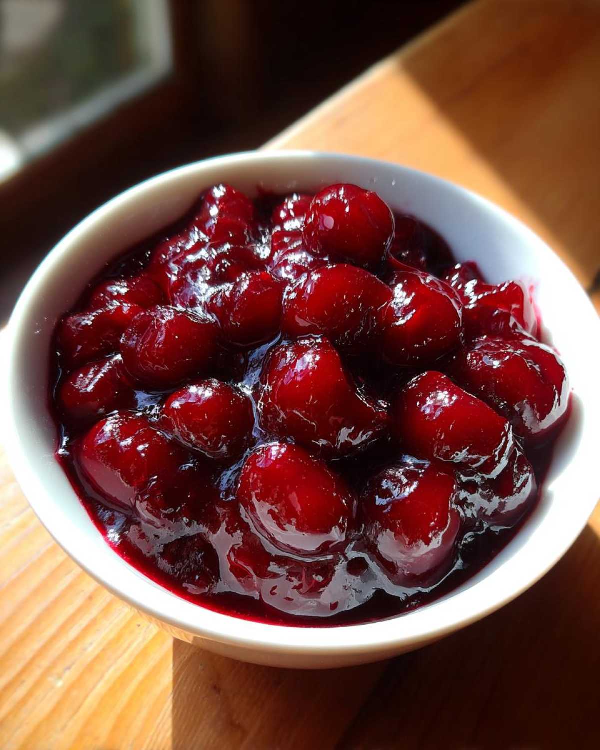 Close-up of glossy, deep red cherry pie filling with whole cherries in a white bowl.