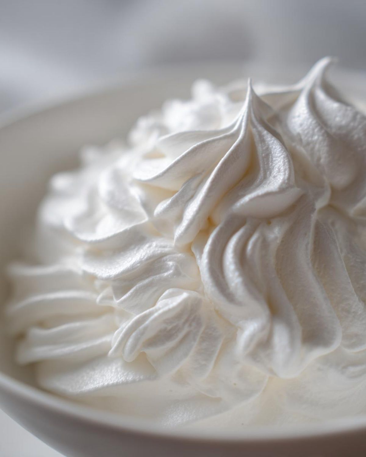 Close-up of stiff, glossy white peaks of freshly made royal icing recipe in a white bowl.