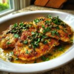 Three golden-brown fillets of chicken piccata topped generously with capers and fresh chopped parsley, sitting in a lemon-butter sauce.