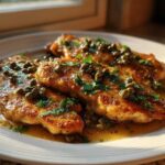 Three golden-brown pieces of chicken piccata topped with capers and fresh parsley, sitting in a lemon butter sauce.