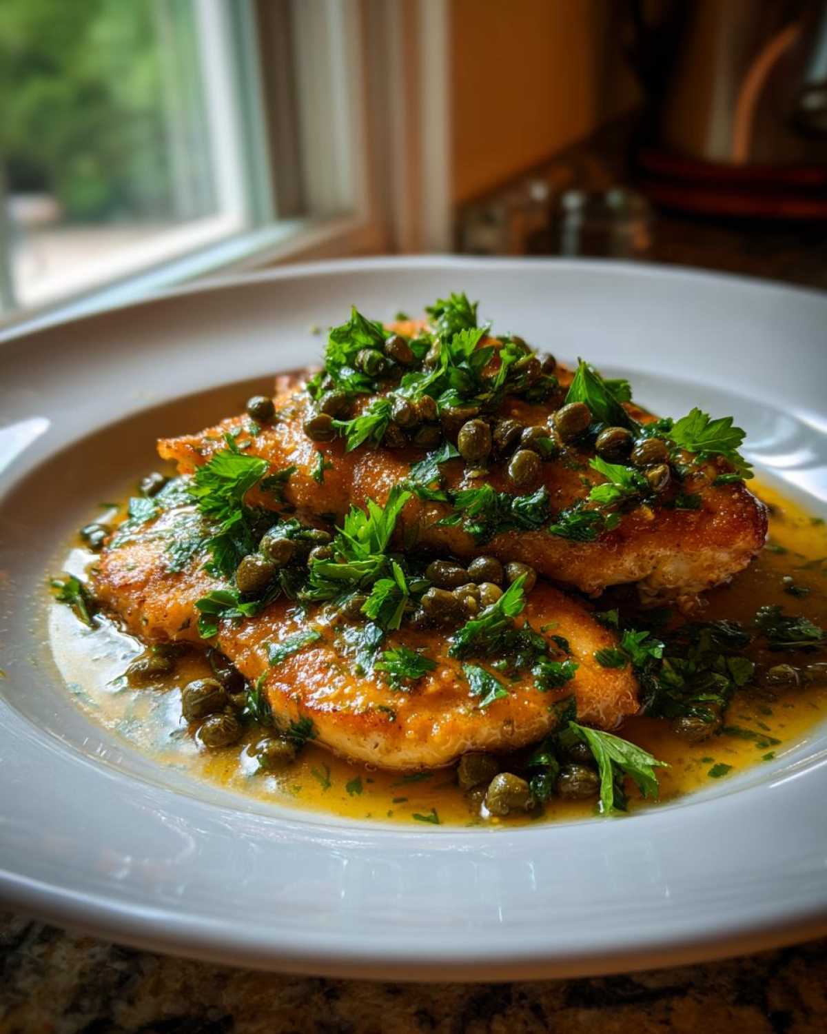 Two golden-brown fillets of chicken piccata smothered in lemon-butter sauce, capers, and fresh parsley.