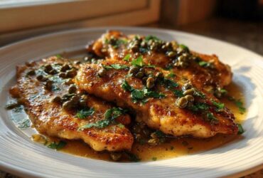 Three golden-brown pieces of chicken piccata topped with capers and fresh parsley, sitting in a lemon butter sauce.