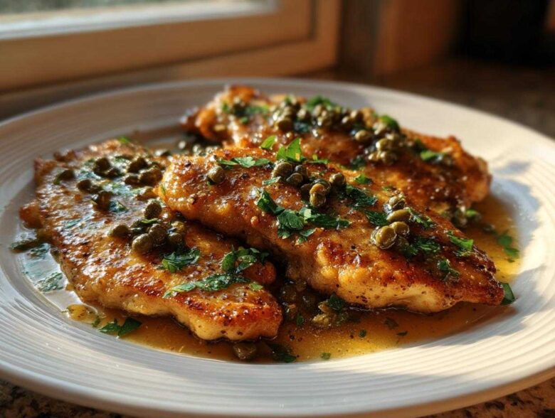 Three golden-brown pieces of chicken piccata topped with capers and fresh parsley, sitting in a lemon butter sauce.