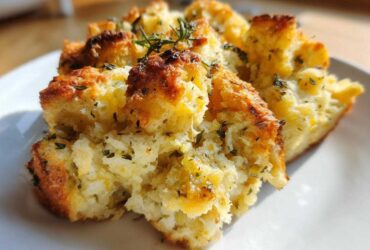 Close-up of golden brown, herb-topped pieces of moist crock pot stuffing served on a white plate.
