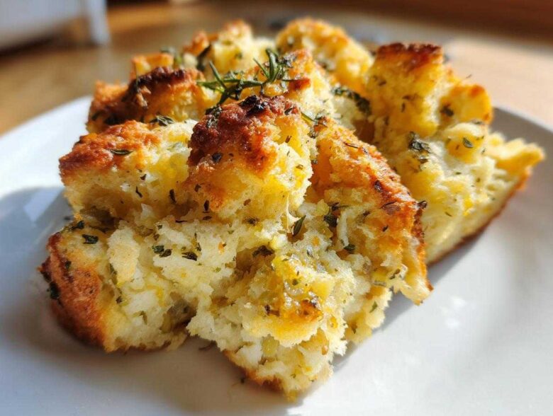 Close-up of golden brown, herb-topped pieces of moist crock pot stuffing served on a white plate.