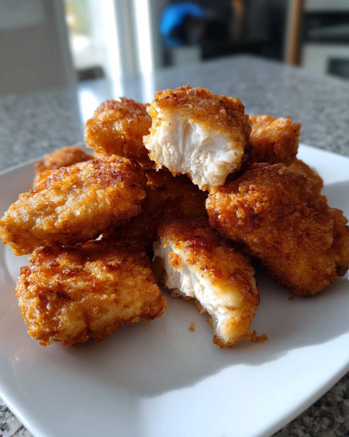 A pile of crispy, golden-brown homemade chicken nuggets on a white plate, one is broken open showing white chicken meat.