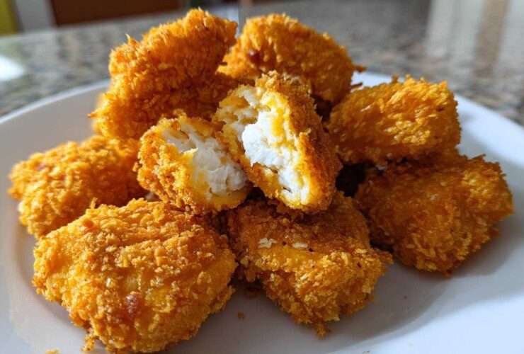 A pile of crispy, golden homemade chicken nuggets on a white plate, one nugget broken open showing the white chicken interior.
