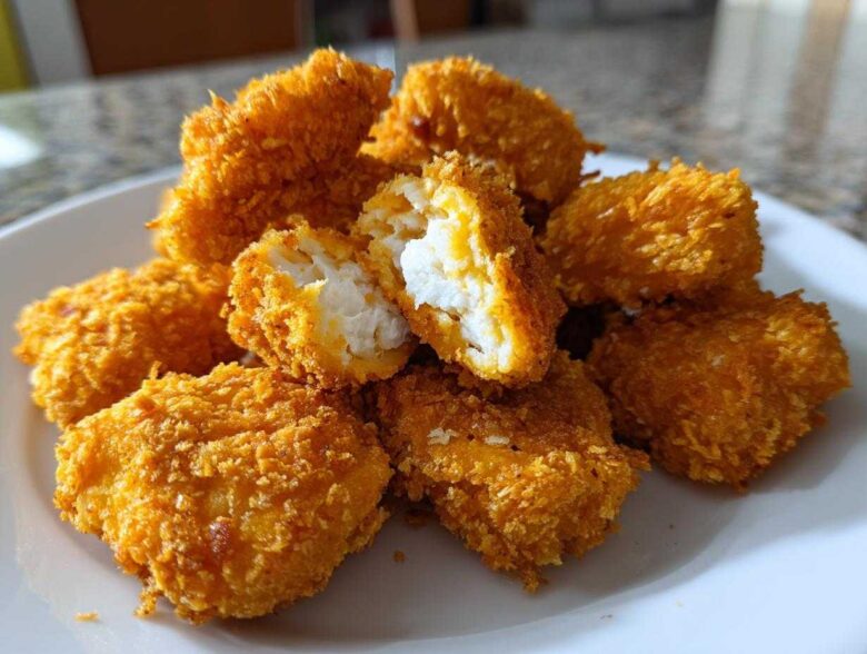 A pile of crispy, golden homemade chicken nuggets on a white plate, one nugget broken open showing the white chicken interior.