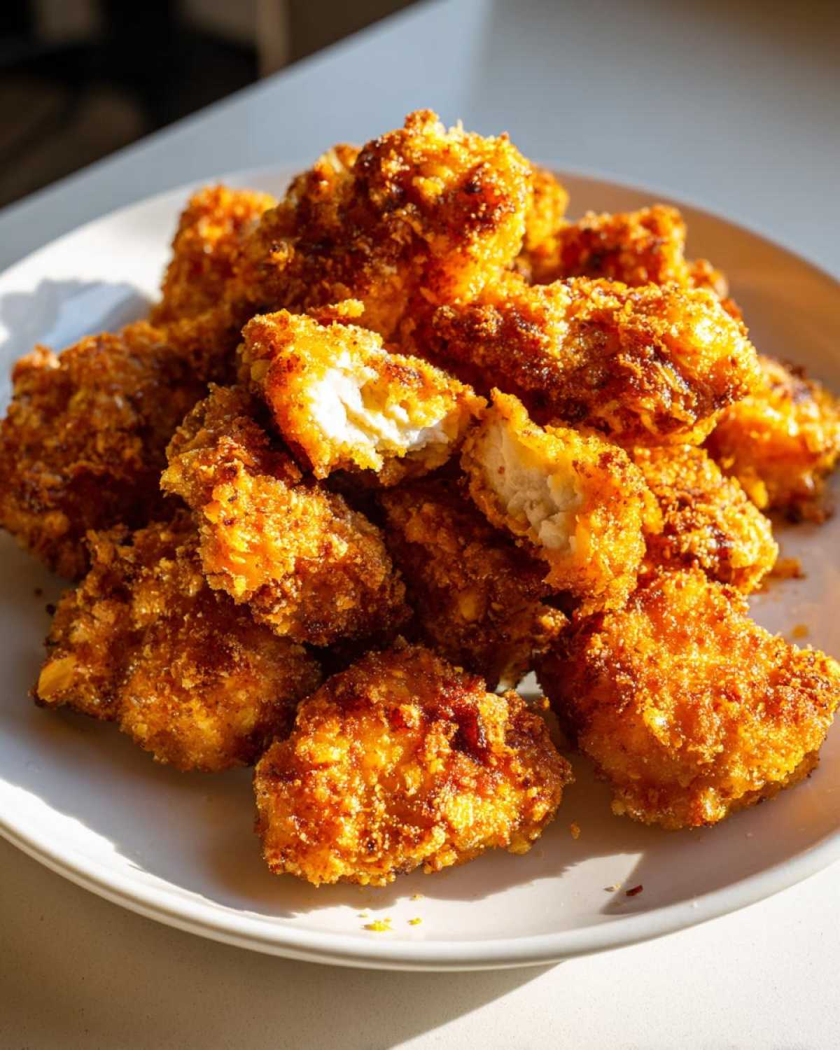 A pile of crispy, golden brown homemade chicken nuggets on a white plate, one nugget is broken open showing the white meat inside.