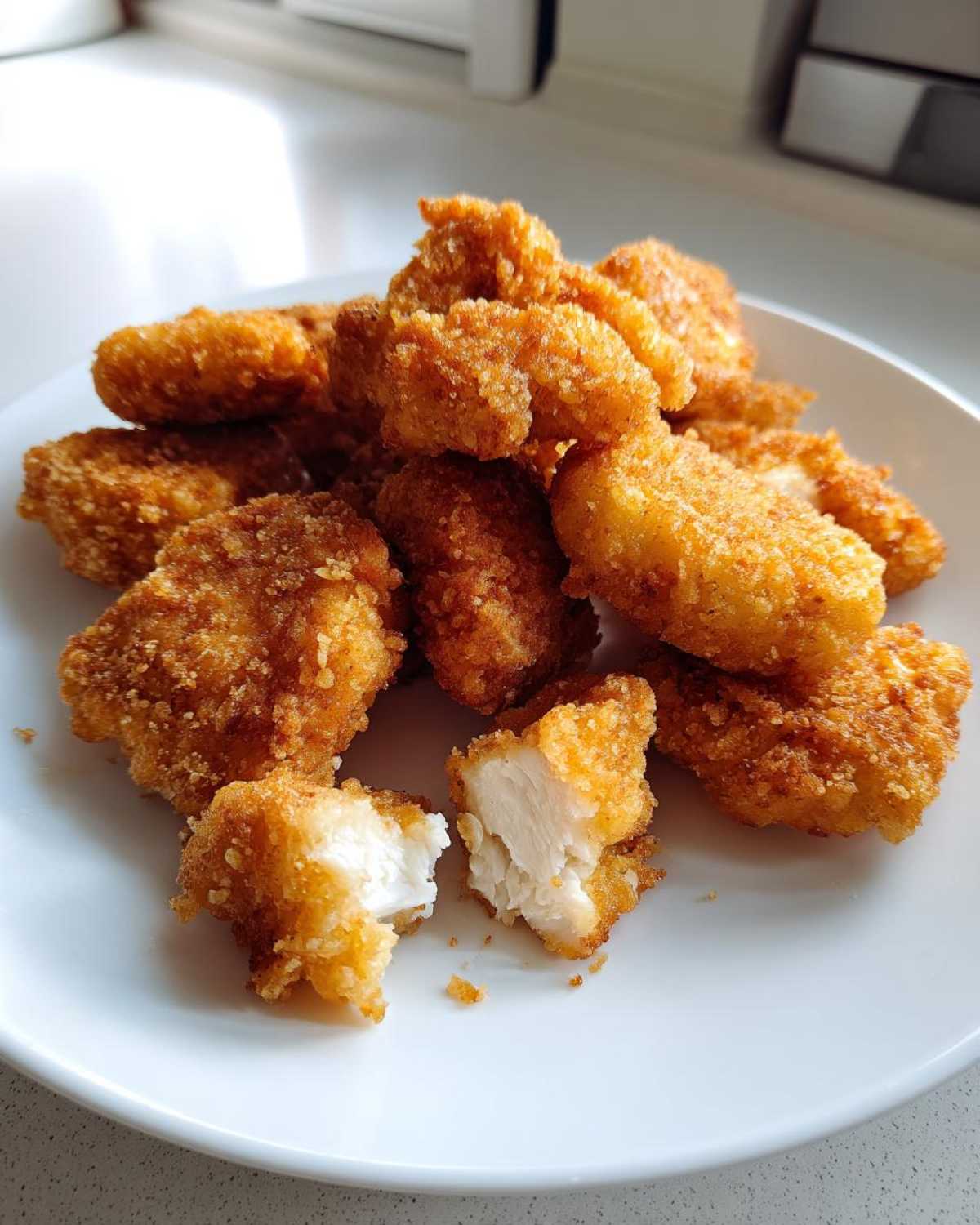 A pile of golden brown homemade chicken nuggets on a white plate, one nugget is broken open showing the white chicken meat inside.