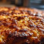 Extreme close-up of a perfectly baked keto pizza crust with bubbly, deeply browned, and melted cheese.