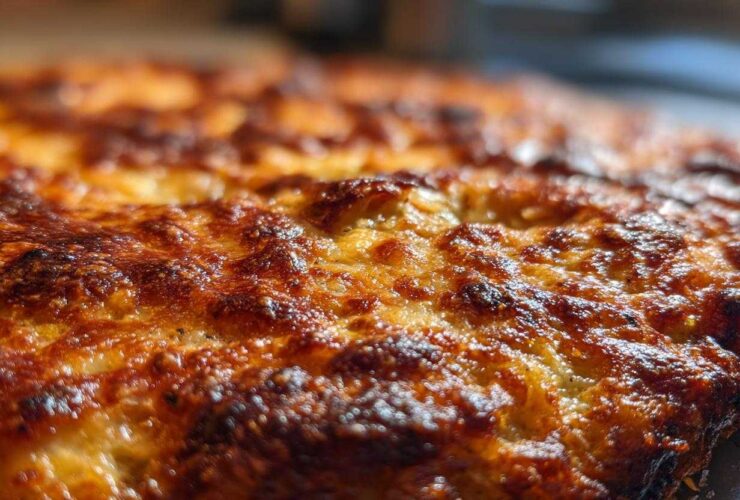 Extreme close-up of a perfectly baked keto pizza crust with bubbly, deeply browned, and melted cheese.