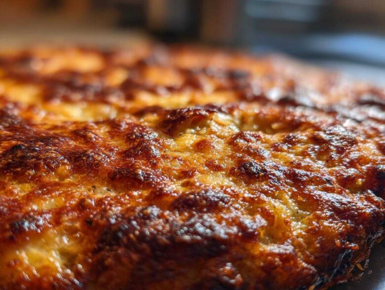 Extreme close-up of a perfectly baked keto pizza crust with bubbly, deeply browned, and melted cheese.