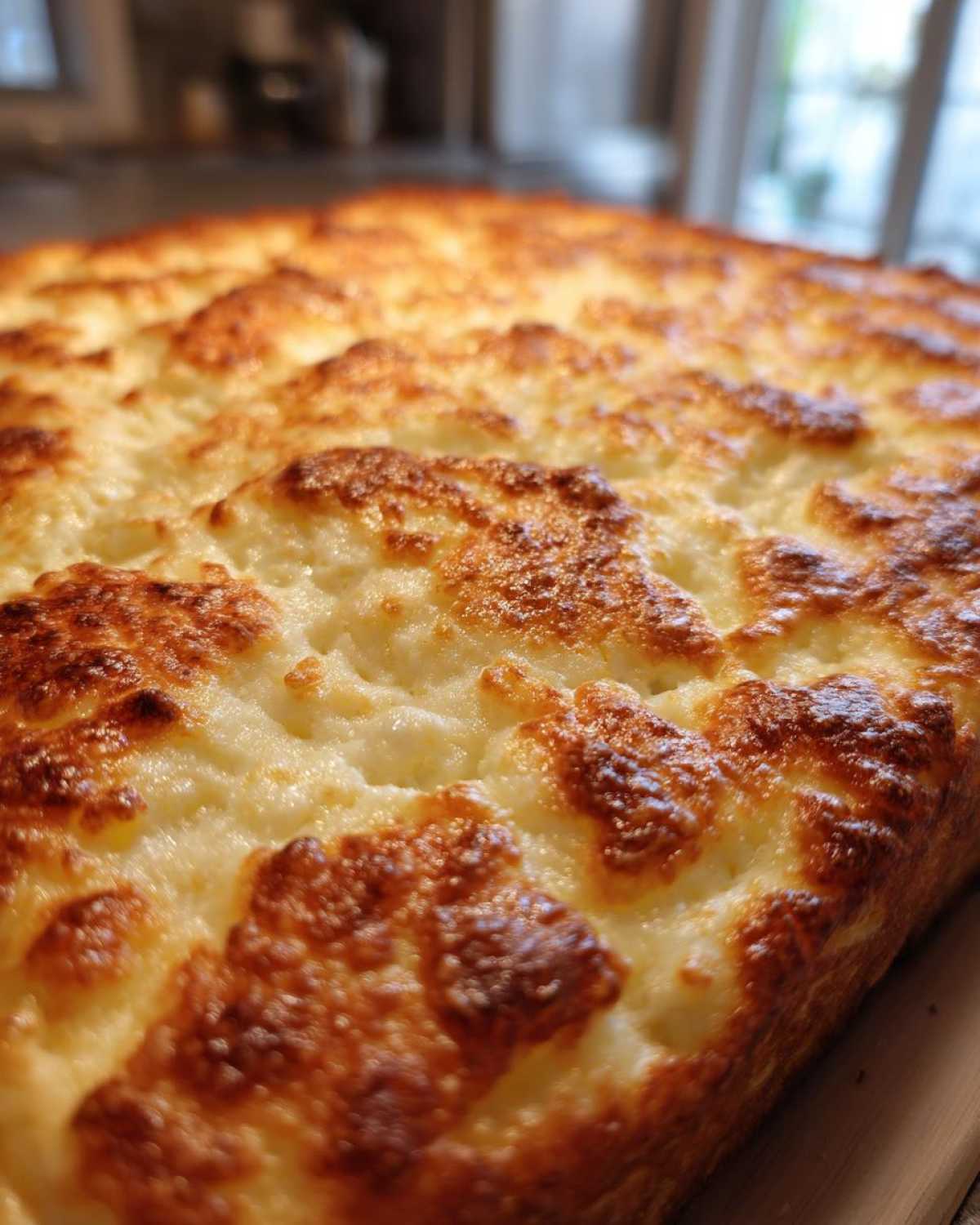 Close-up of a golden brown, bubbly, baked keto pizza crust with a cheesy top texture.