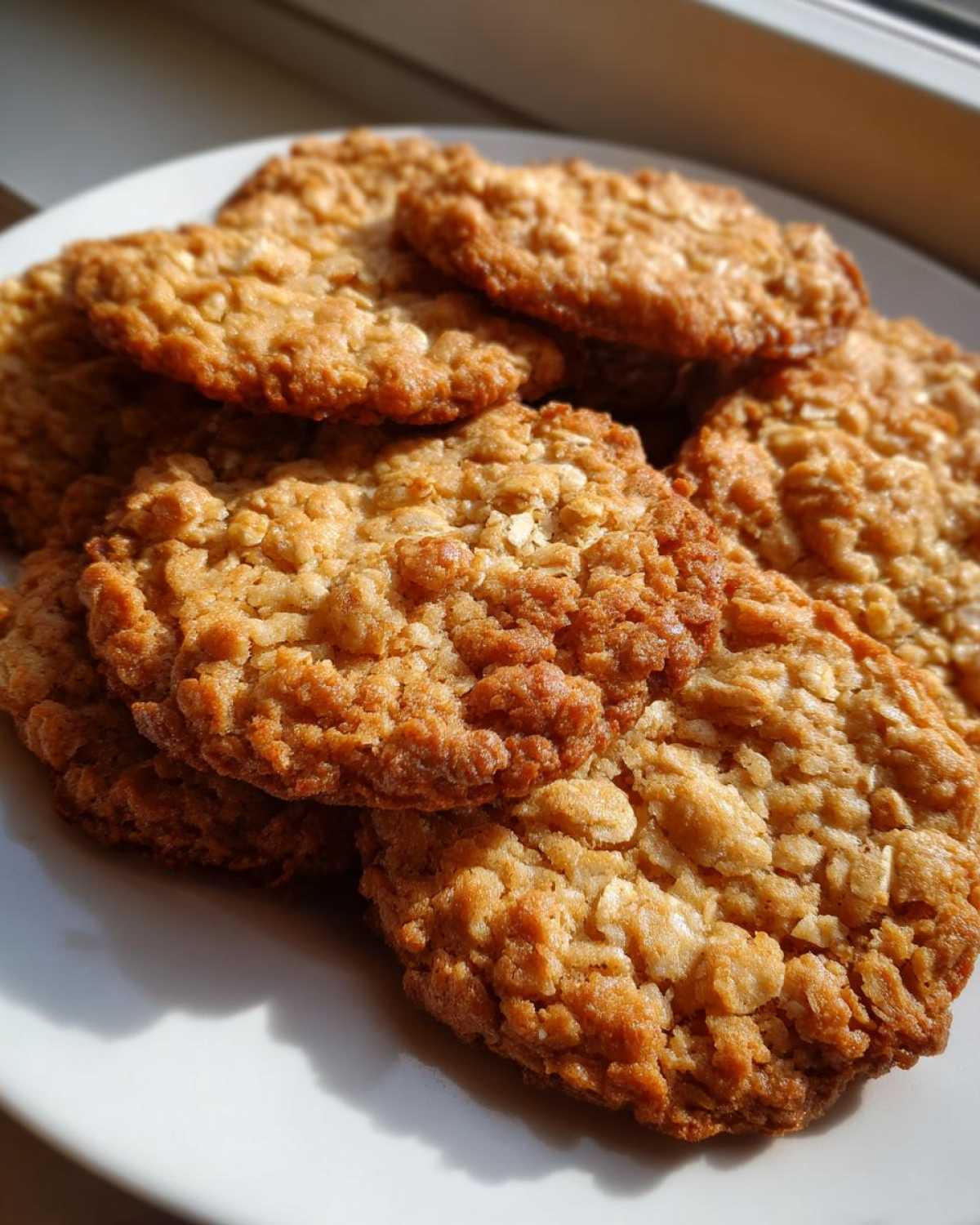 A close-up stack of golden brown, textured oatmeal lace cookies resting on a white plate, brightly lit by sunlight.