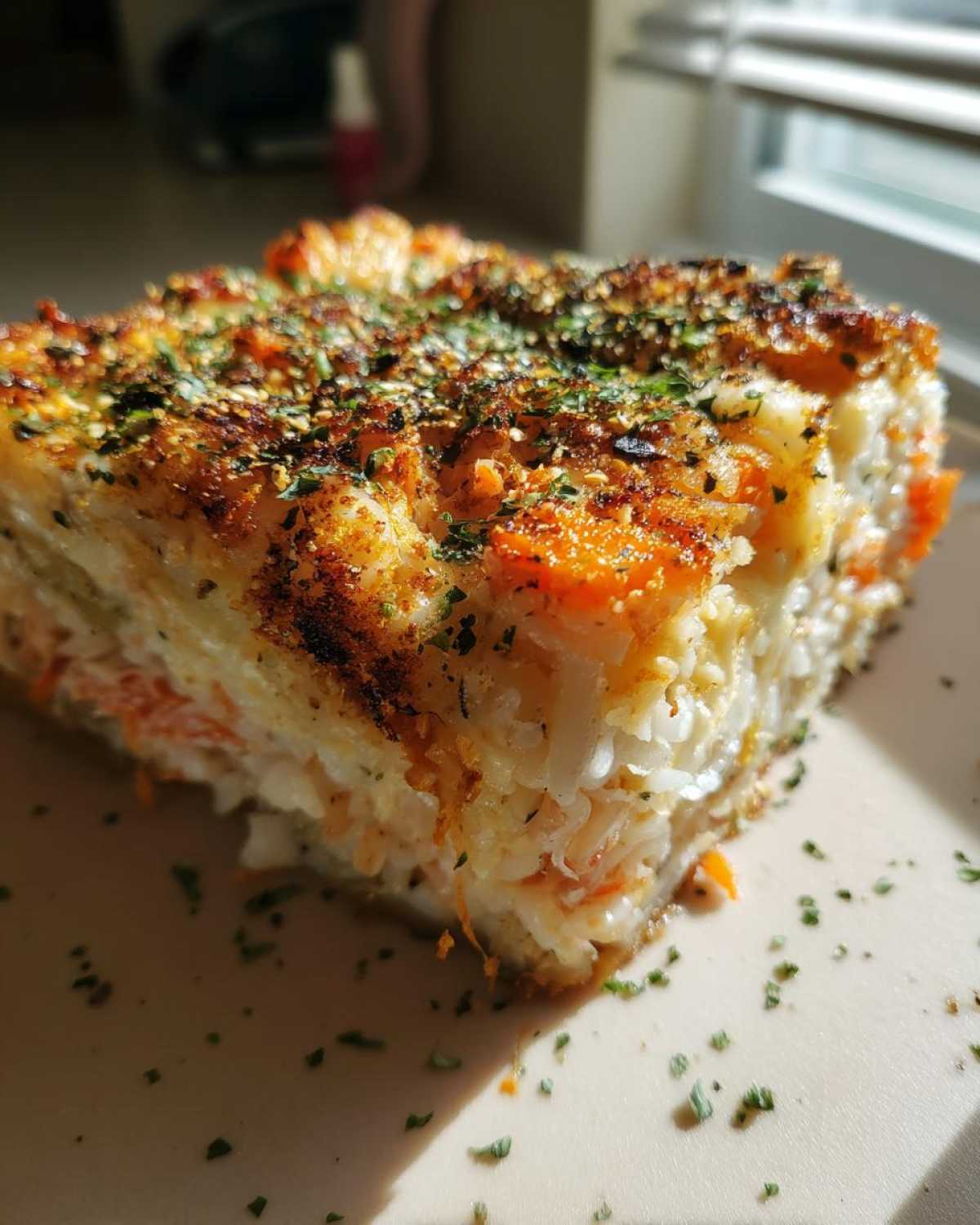 Close-up of a perfectly baked slice of sushi bake with a golden, seasoned crust.